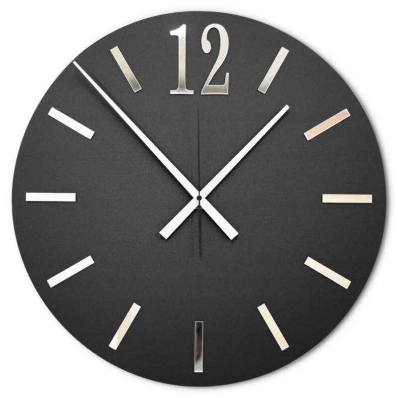 Duży okrągły zegar ścienny Aurelio Mat Silver czarno-lustrzany 50 x 50 cm