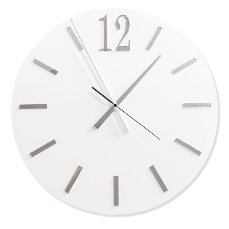 Duży okrągły zegar ścienny Aurelio White Silver biało-lustrzany 50 x 50 cm